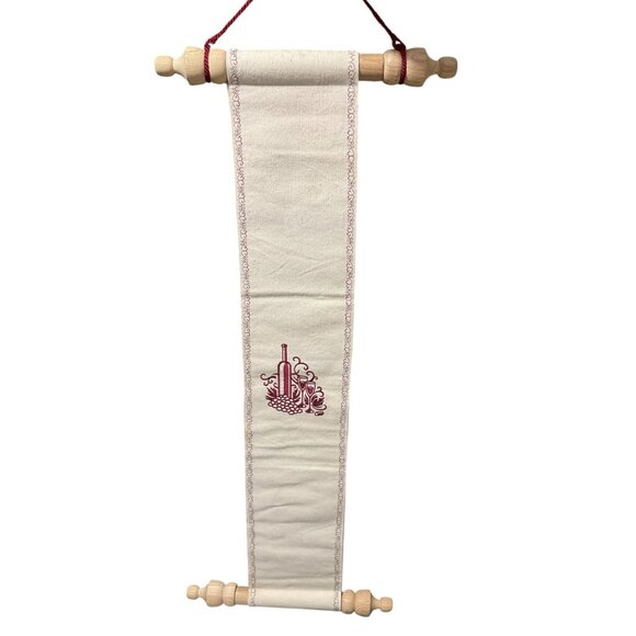 Wine-Themed Embroidered Scroll Wall Hanging With Wooden Rods & Red Cord - Picture 7 of 9